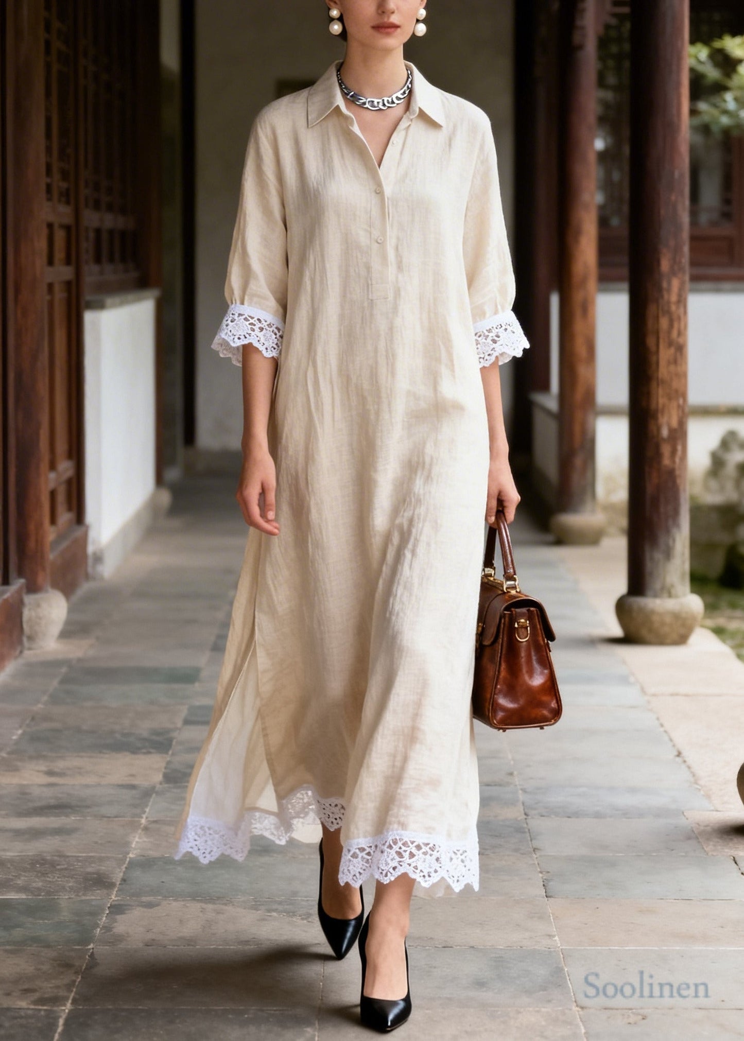 Classy Beige Peter Pan Collar Patchwork Lace Long Dresses Summer