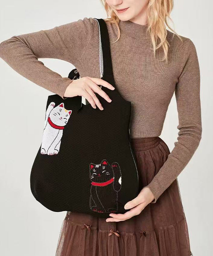 Classy Black Cat Embroidered Solid Durable Cotton Shoulder Bags