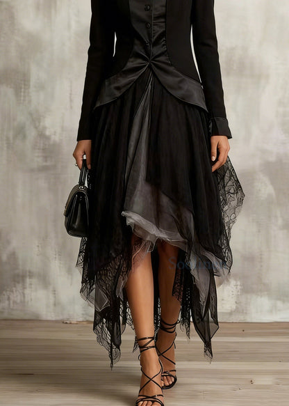 Classy Black Colorblock Tulle Asymmetrical Sesign Skirt Summer