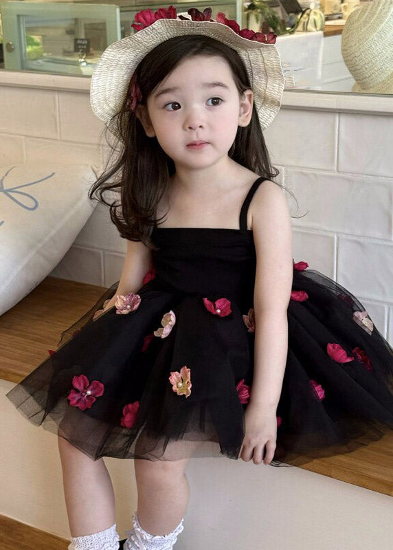 Classy Black Floral Patchwork Tulle Girls Long Spaghetti Strap Dress Summer