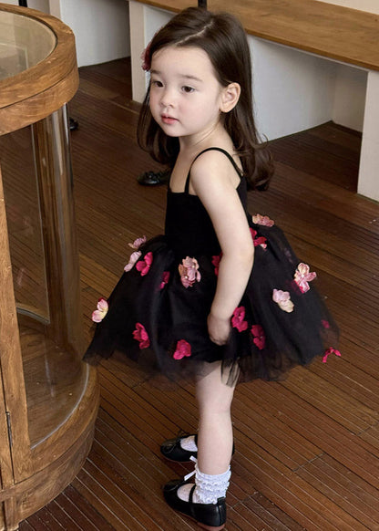 Classy Black Floral Patchwork Tulle Girls Long Spaghetti Strap Dress Summer