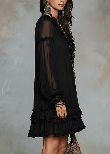 Classy Black V Neck Ruffled Patchwork Chiffon Dresses Fall
