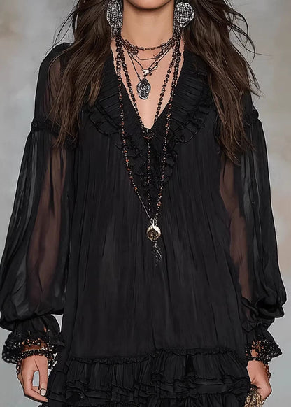 Classy Black V Neck Ruffled Patchwork Chiffon Dresses Fall