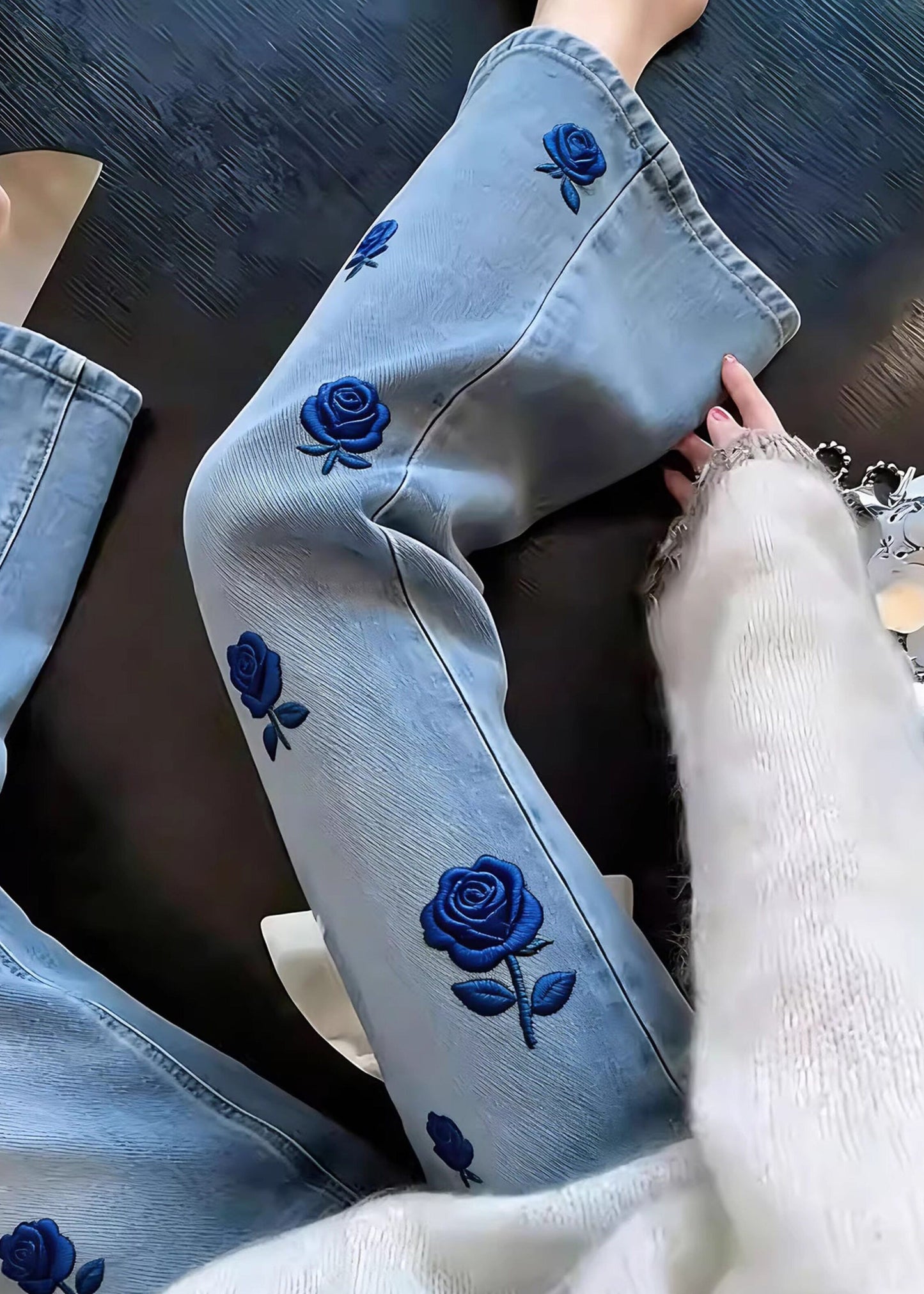 Classy Blue Embroidered Floral Denim Straight Pants Spring