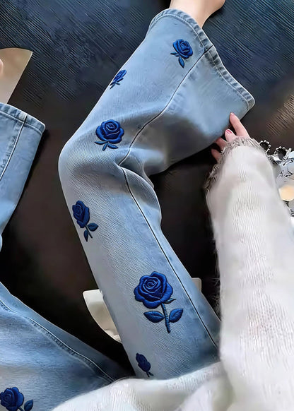 Classy Blue Embroidered Floral Denim Straight Pants Spring