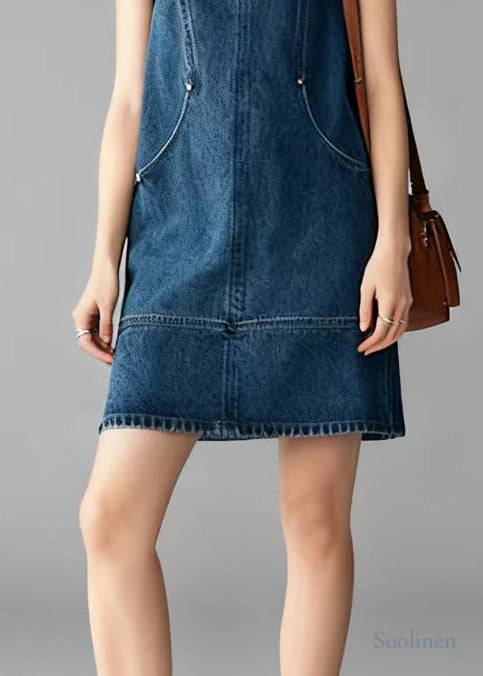 Classy Blue O-Neck Silm Fit Denim Mini Dress Sleeveless