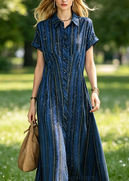 Classy Blue Peter Pan Collar Striped Silk Maxi Dresses Summer