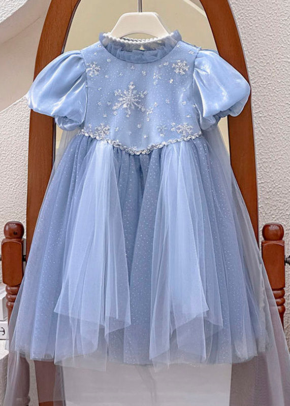 Classy Blue Stand Collar Patchwork Tulle Kids Long Dresses Short Sleeve