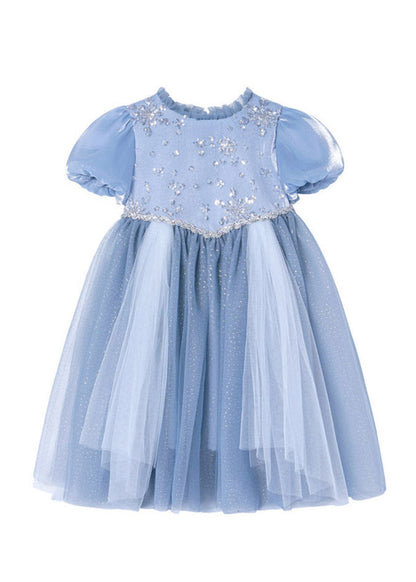 Classy Blue Stand Collar Patchwork Tulle Kids Long Dresses Short Sleeve
