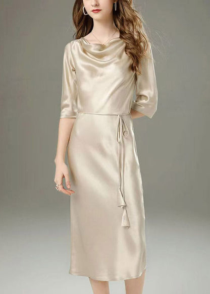 Classy Champagne Tie Waist Solid Maxi Dress Half Sleeve