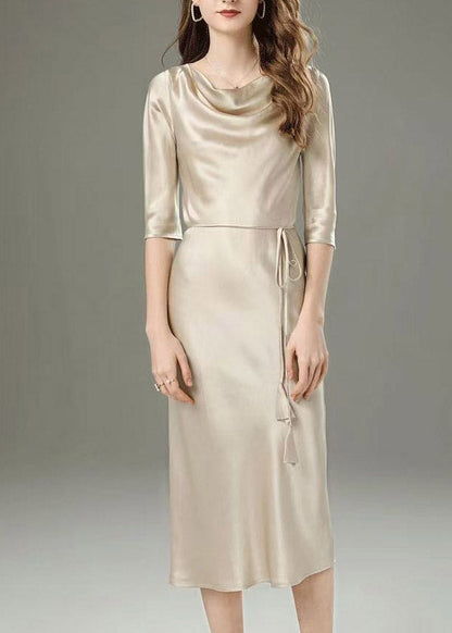 Classy Champagne Tie Waist Solid Maxi Dress Half Sleeve