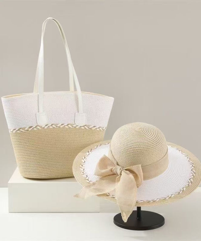 Classy Colorblock Bow Solid Durable Straw Woven Floppy Sun Hat And Shoulder Handbag Two Pieces Set