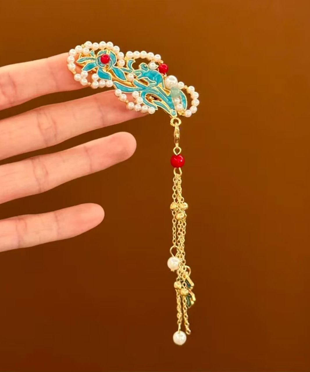 Classy Colorblock Copper Pearl Cloisonne Tassel A Pair Hairpin