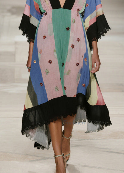 Classy Colorblock V Neck Patchwork Lace Cotton Robe Dress Summer