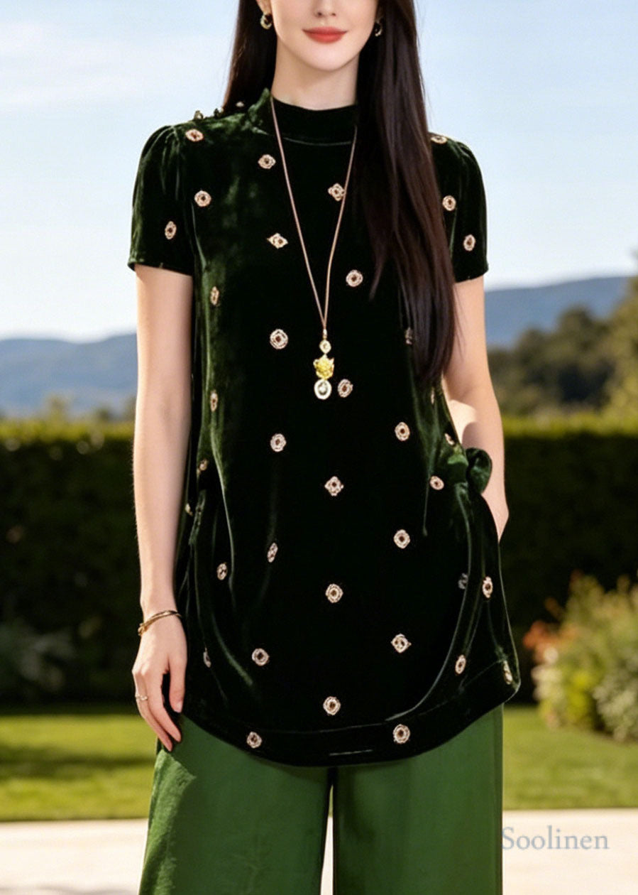 Classy Green Stand Collar Print Silk Two Piece Set Women Clothing Summer