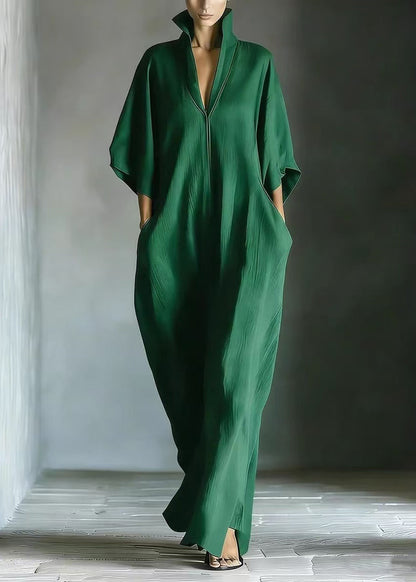 Classy Green V Neck Oversized Cotton Maxi Dresses Half Sleeve