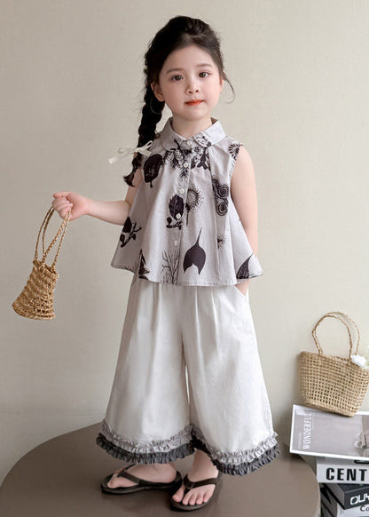 Classy Grey Ruffled Print Cotton Baby Girls Two Pieces Set Sleeveless