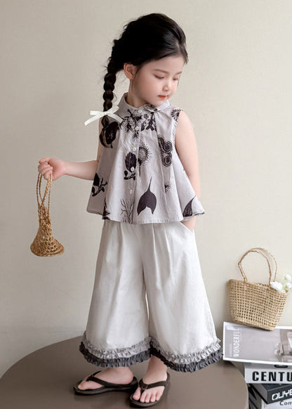 Classy Grey Ruffled Print Cotton Baby Girls Two Pieces Set Sleeveless