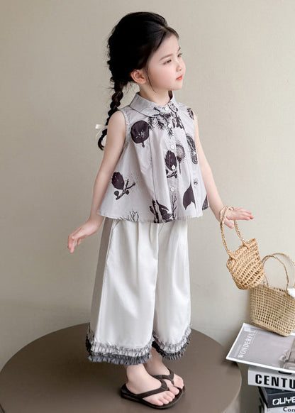 Classy Grey Ruffled Print Cotton Baby Girls Two Pieces Set Sleeveless