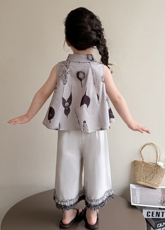 Classy Grey Ruffled Print Cotton Baby Girls Two Pieces Set Sleeveless