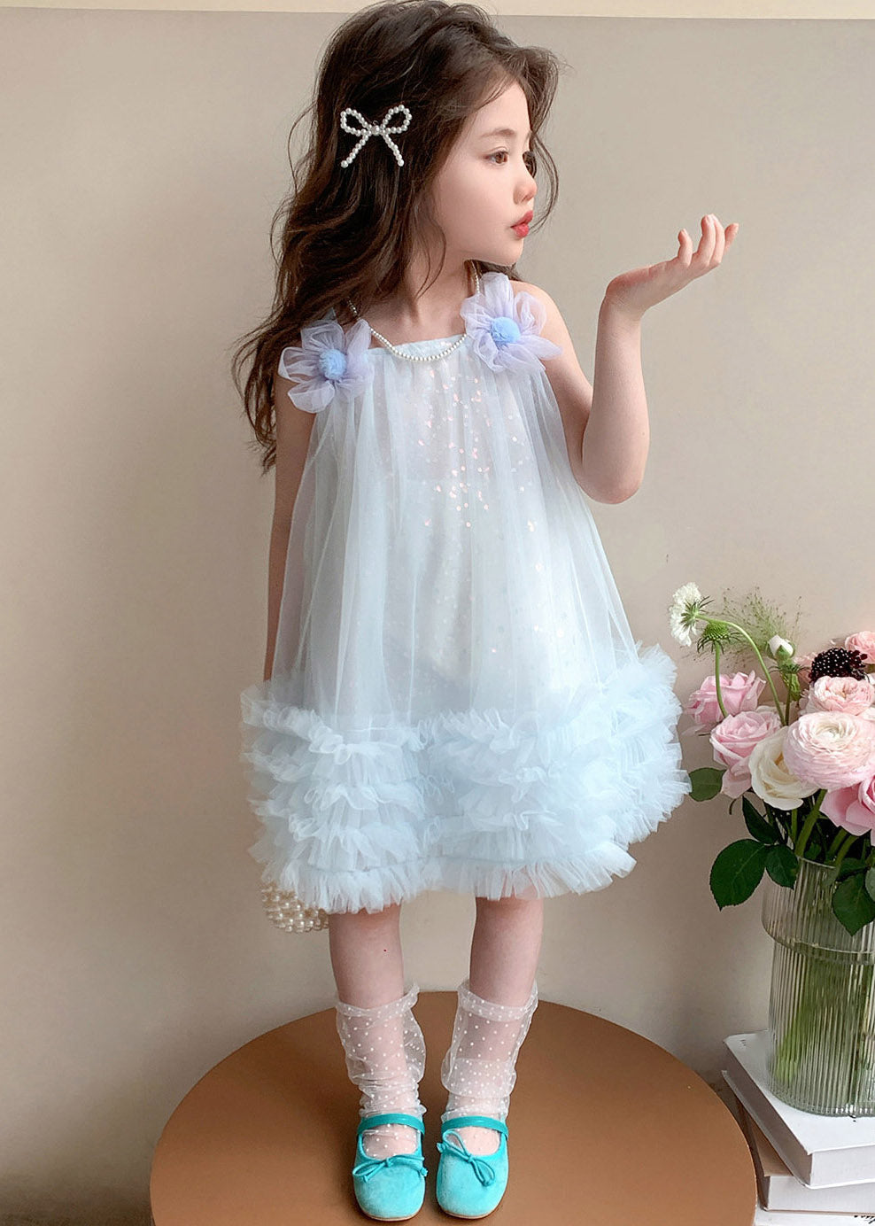 Classy Light Blue Square Collar Floral Bow Tulle Girls Long Dresses Summer