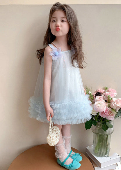Classy Light Blue Square Collar Floral Bow Tulle Girls Long Dresses Summer
