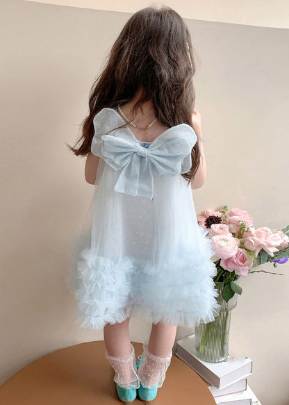 Classy Light Blue Square Collar Floral Bow Tulle Girls Long Dresses Summer