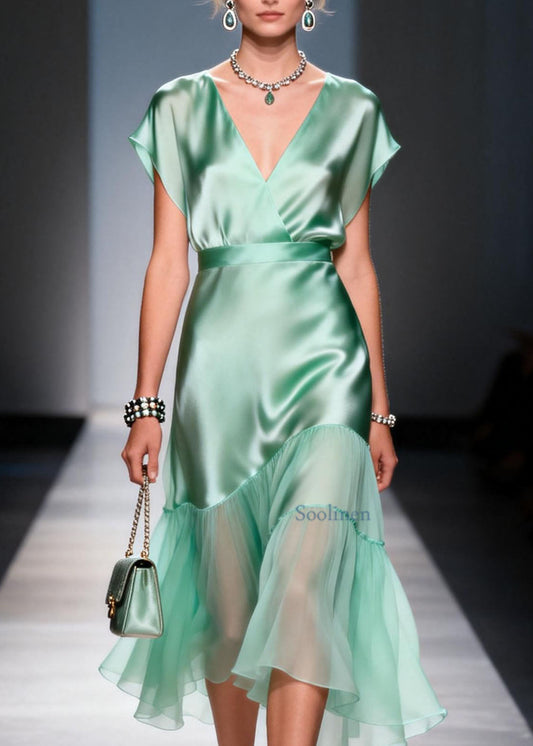 Classy Light Green V Neck Asymmetrical Patchwork Silk Dresses Summer