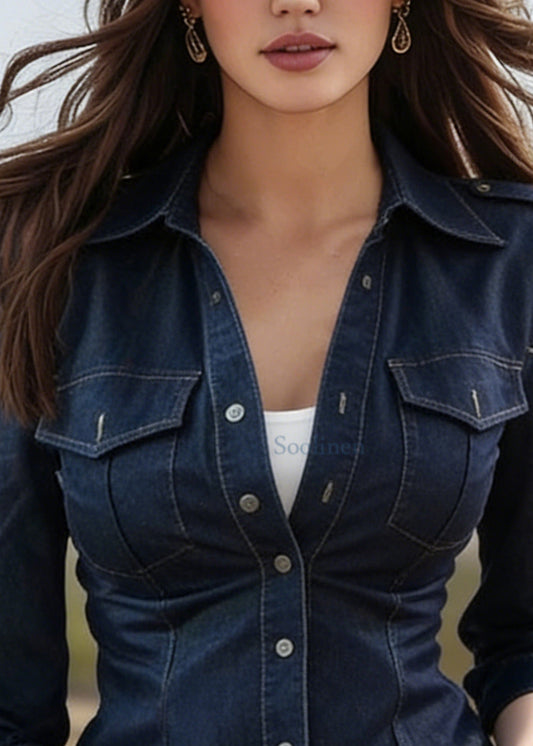 Classy Navy Peter Pan Collar Silm Fit Denim Shirt Spring