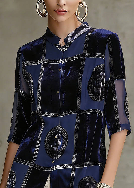 Classy Navy Stand Collar Patchwork Silk Velour Shirt Tops Fall
