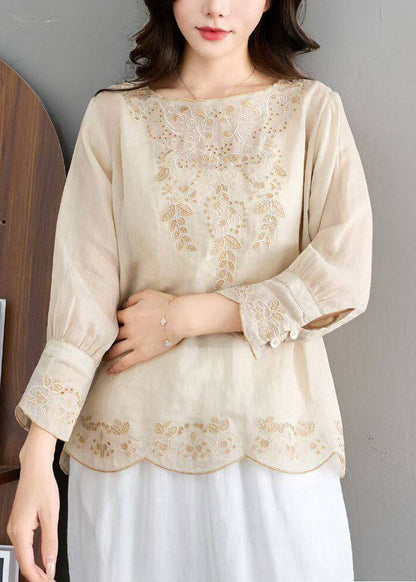 Classy Pink O-Neck Hollow Out Embroidered Linen Shirt Fall