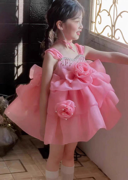 Classy Pink Rose Pearl Tassel Tulle Girls Mid Spaghetti Strap Dress Summer