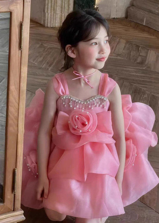 Classy Pink Rose Pearl Tassel Tulle Girls Mid Spaghetti Strap Dress Summer