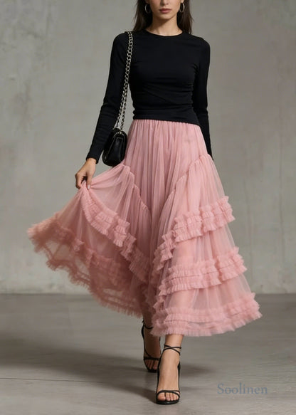 Classy Pink Ruffled Exra Large Hem Tulle Holiday Skirt Spring
