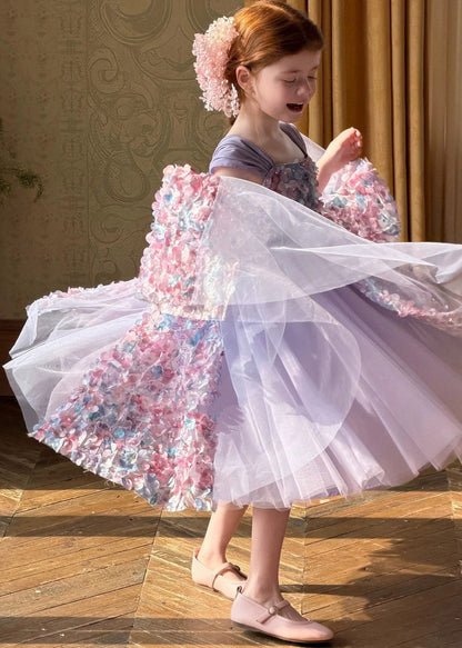 Classy Purple Floral Ribbon Tulle Kids Long Dresses Sleeveless