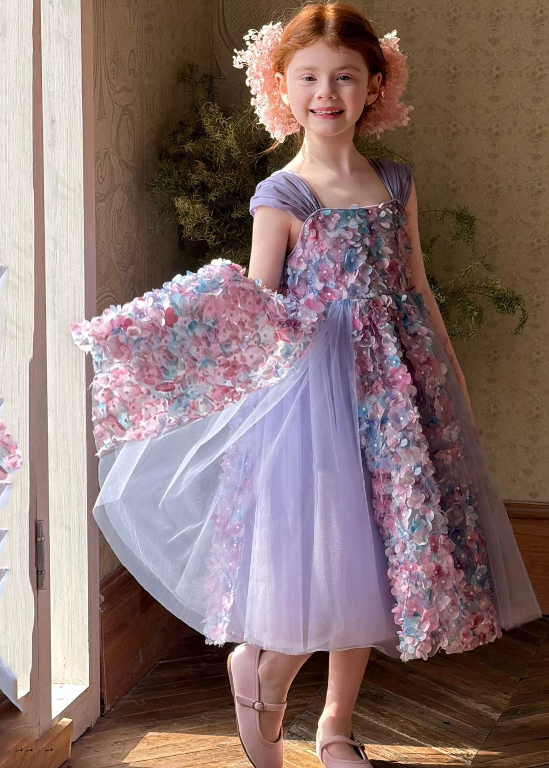Classy Purple Floral Ribbon Tulle Kids Long Dresses Sleeveless