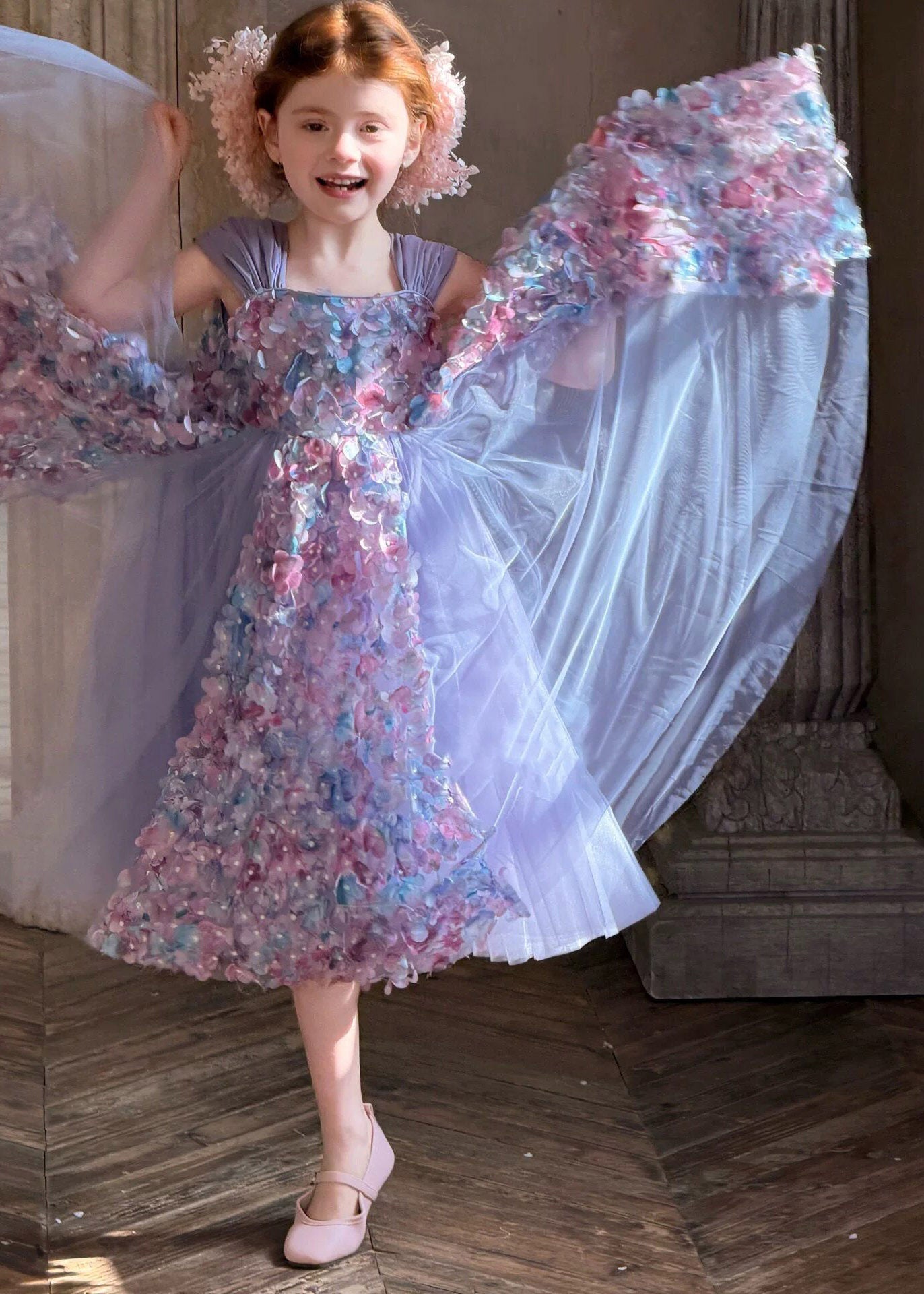 Classy Purple Floral Ribbon Tulle Kids Long Dresses Sleeveless