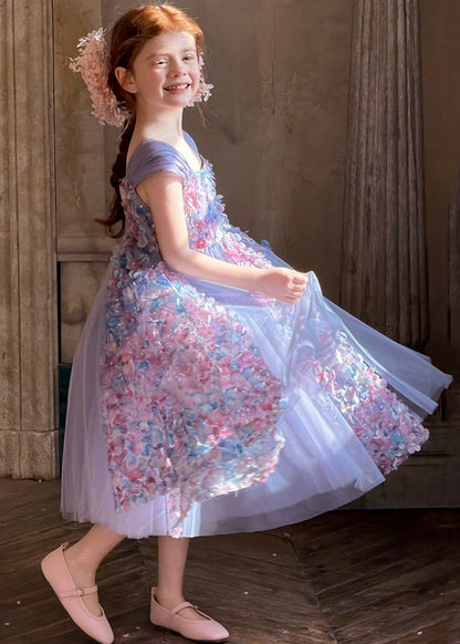 Classy Purple Floral Ribbon Tulle Kids Long Dresses Sleeveless