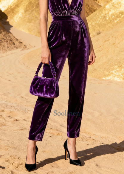 Classy Purple High Waist Silk Velvet Jumpsuit Sleeveless