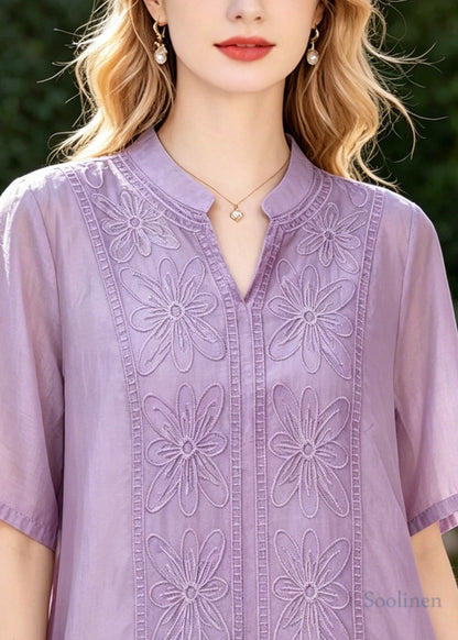 Classy Purple Oversized Embroidered Cotton Silk Top Summer