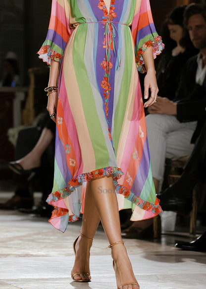 Classy Rainbow Ruffled Striped Chiffon Party Dress Summer