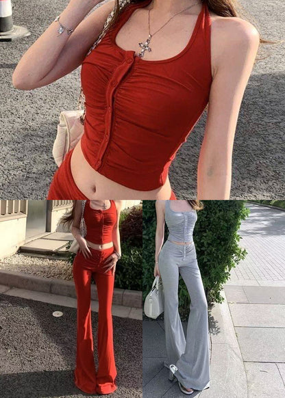 Classy Red U Neck Wrinkled Cotton Women Sets 2 Pieces Summer