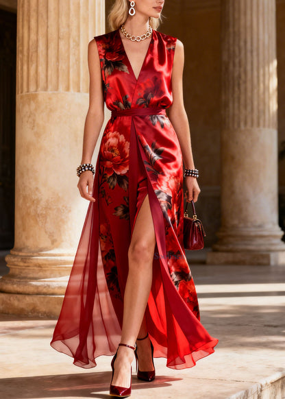 Classy Red V Neck Print Side Open Silk Dress Sleeveless