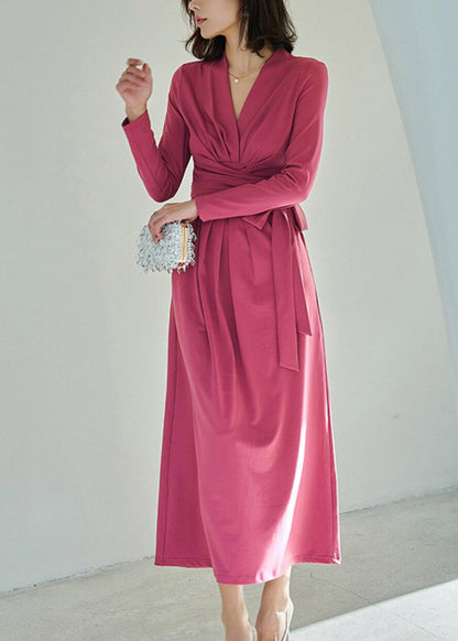 Classy Rose Tie Waist Solid Maxi Dresses Fall
