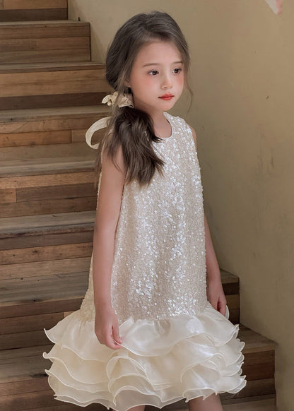 Classy Sequins Bow Tulle Patchwork Girls Maxi Dress Sleeveless