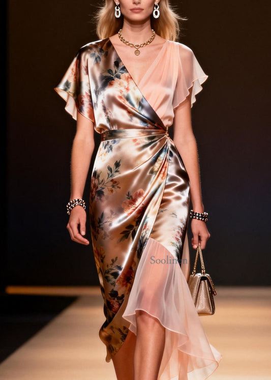 Classy V Neck Print Asymmetrical Patchwork Silk Dress Summer