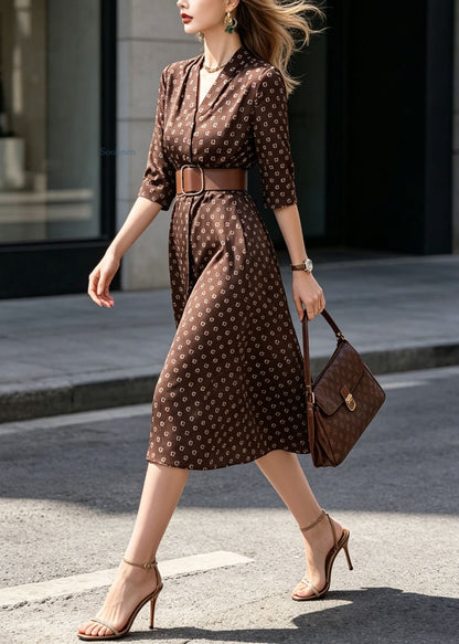 Classy V Neck Print Sashes Silk Long Dress Summer
