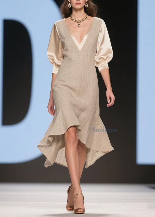 Classy V Neck Ruffled Patchwork Linen Silk Dress Summer