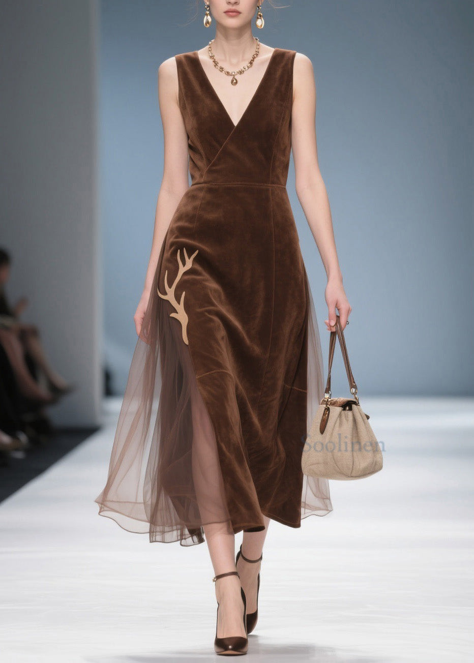 Classy V Neck Tulle Patchwork Velvet Dress Sleeveless