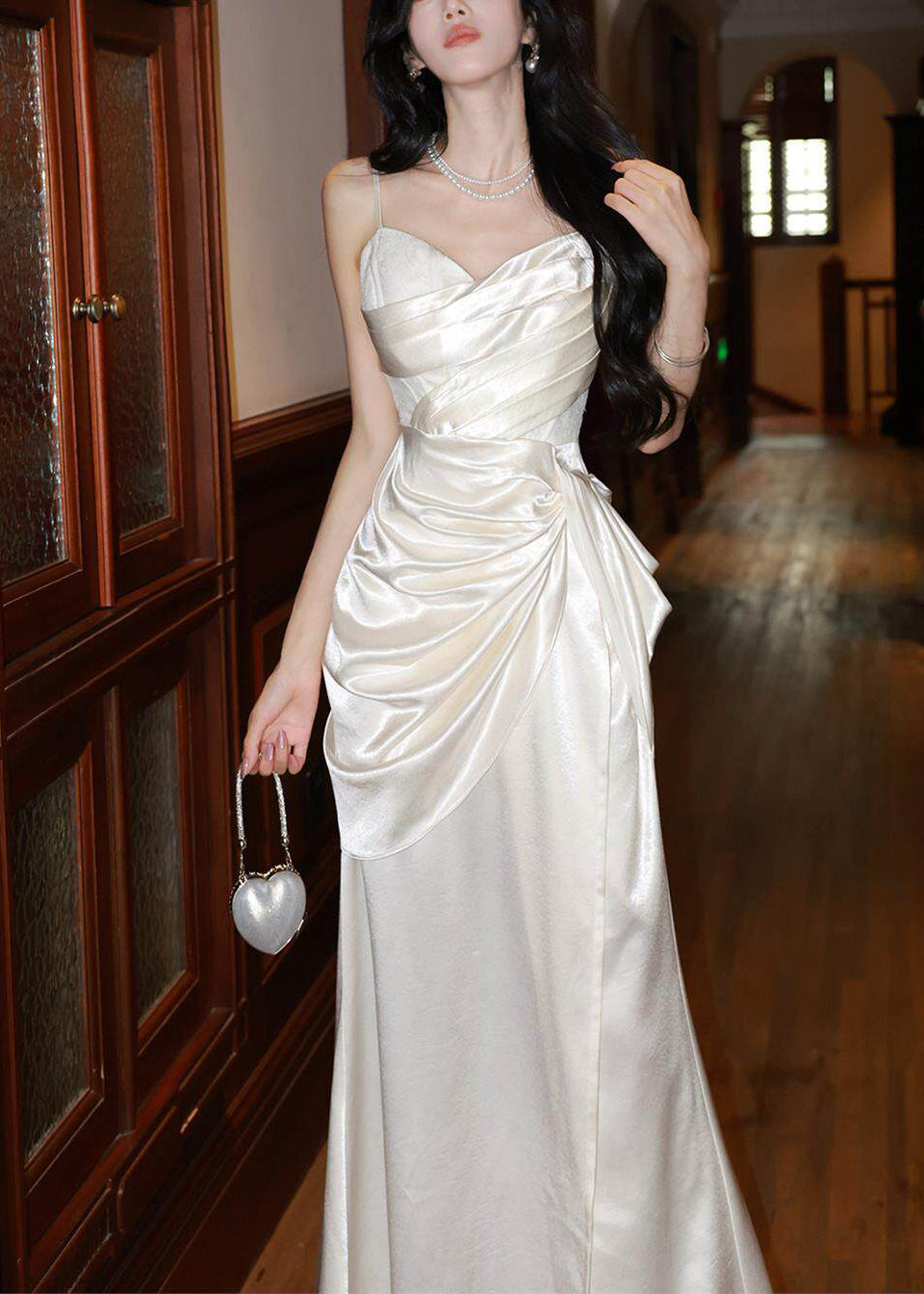 Classy White Cinched Satin Maxi Spaghetti Strap Dress Summer